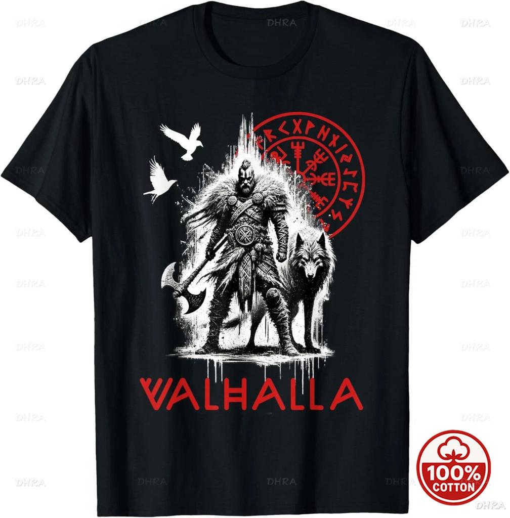 Odin Wolf and Raven Compass Runes Valhalla TShirt 100 Cotton ONeck Short Sleeve Summer Loose Casual Unisexs Streetwear Tshirt