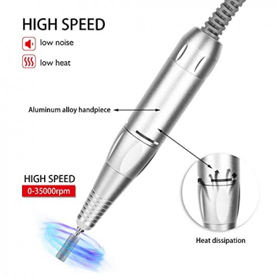 Nail Drill Handle, Electric Nail Drill Machine Replacement Handle, 0‑35000RPM Adjustable Rotating Speed, Electric Nail Grinder Polisher Kit,