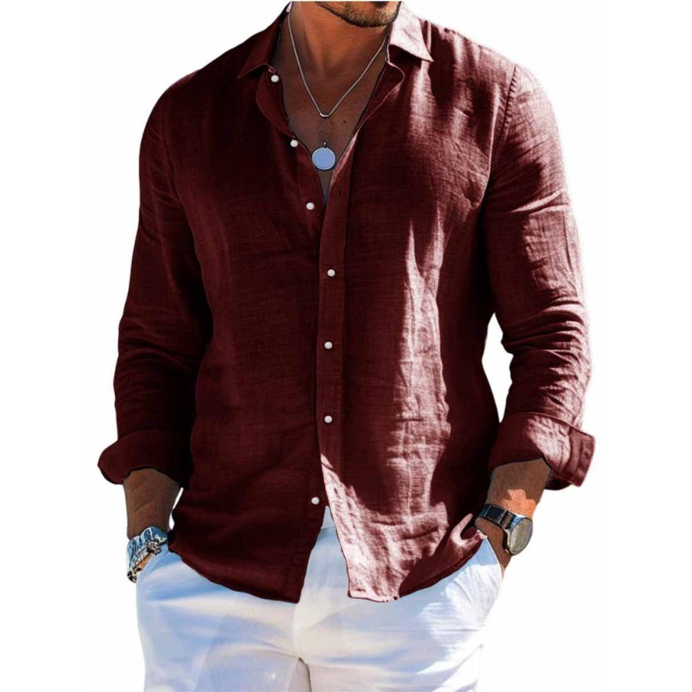 Chemise en lin pour homme avec col, Chemise de plage à manches longues