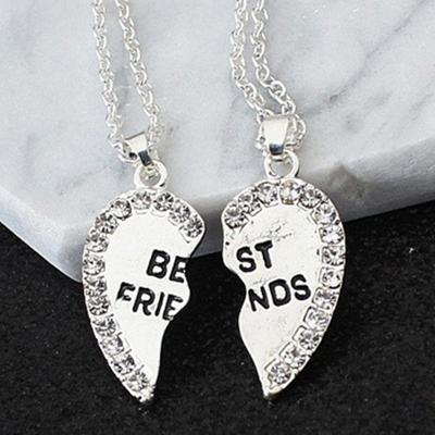 2 Pcs/Set  Best Friends Love Heart Pendant Charm Chain Necklace Jewelry  (Size: One Size, Color: Sil
