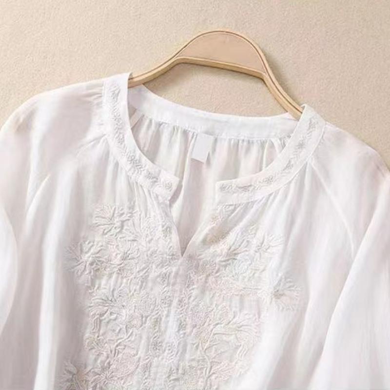 New Shirt T-shirt Solid Color Literary Retro Embroidery Loose V-neck Pullover Top