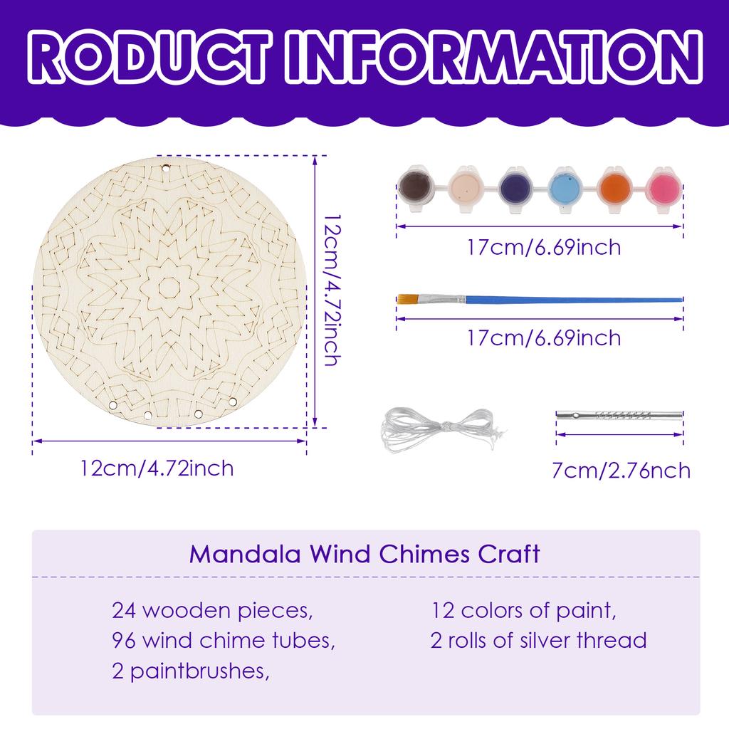 24Pcs Mandala Wind Chimes Craft DIY Unfinished Wood Windchime Creative Coloring Craft Hanging Ornament for Kids Home Birthday