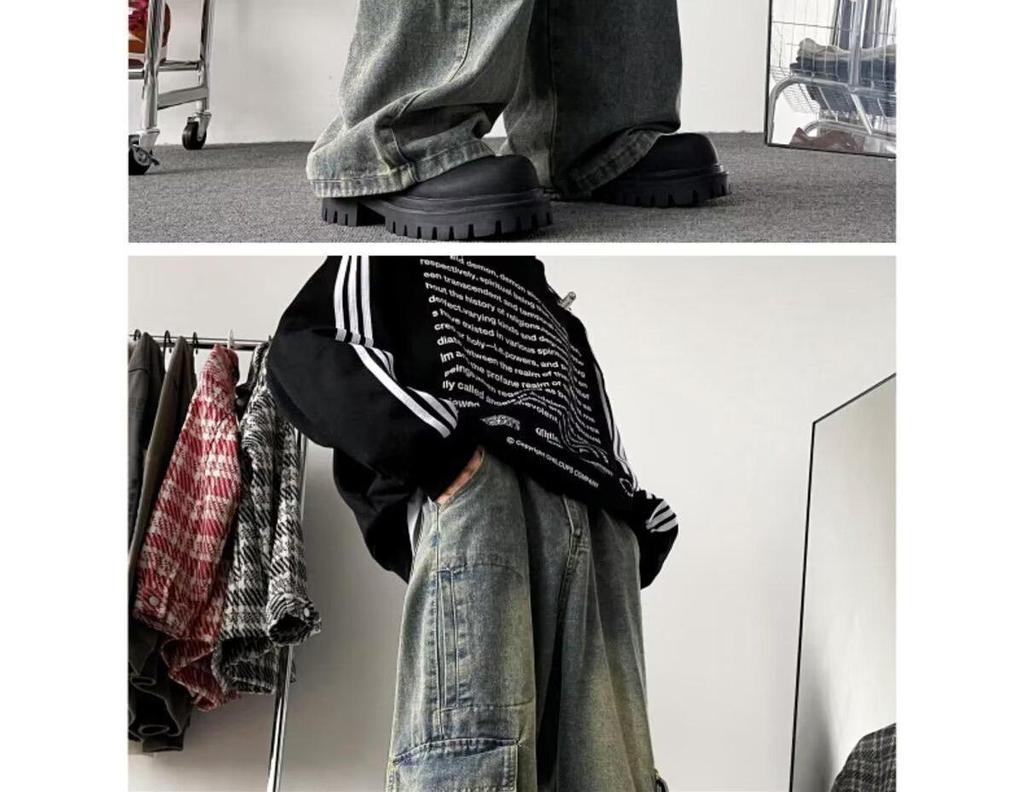 Men's Summer Trendy Wide-Leg Cargo Jeans with Large Pockets - Washed Retro Floor-Length Pants