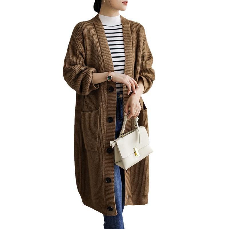 Thickened knitted cardigan jacket women's autumn and winter new retro loose lazy style medium and long sweater with tide