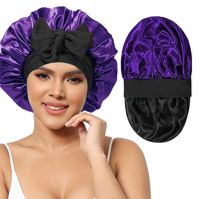 Women's Reversible Double-Layer Satin Nightcap with Ribbon - High Elasticity Round Hat for Hair Protection