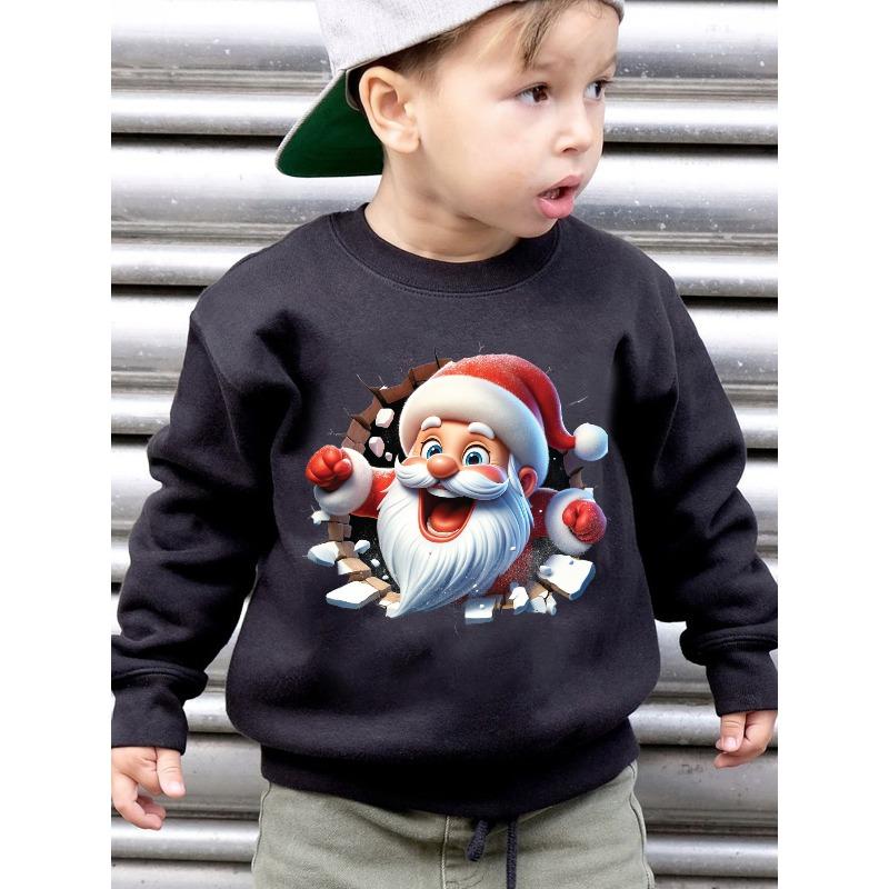 European Sizes Kids Fashion Plus Velvet Round Neck Brushed Sweatshirt The Wall Santa Claus Cartoon Pattern Printing Loose Casual Long Sleeve Pullover