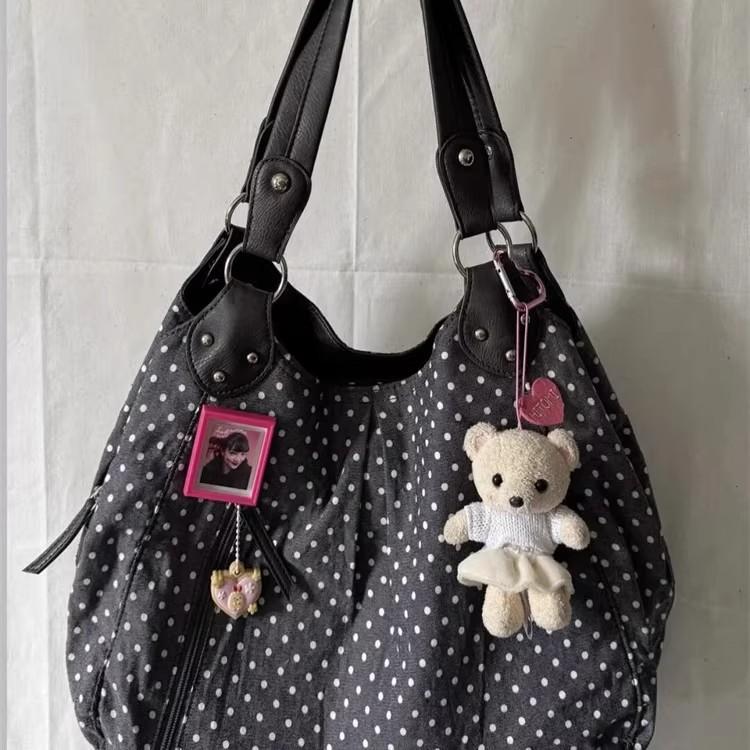 Korean Version of Retro Polka Dot College Style Tote Bag Women's 2025 New Fashionable Versatile Large-capacity Shoulder Bag