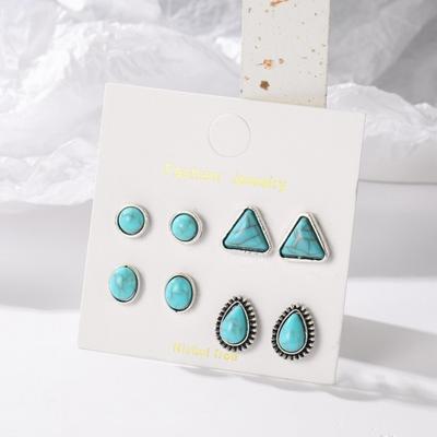 4 Pairs Women Geometric Shape Ear Studs Boho Faux Turquoise Stud Earrings Vintage Ethnic Style Jewelry Gift