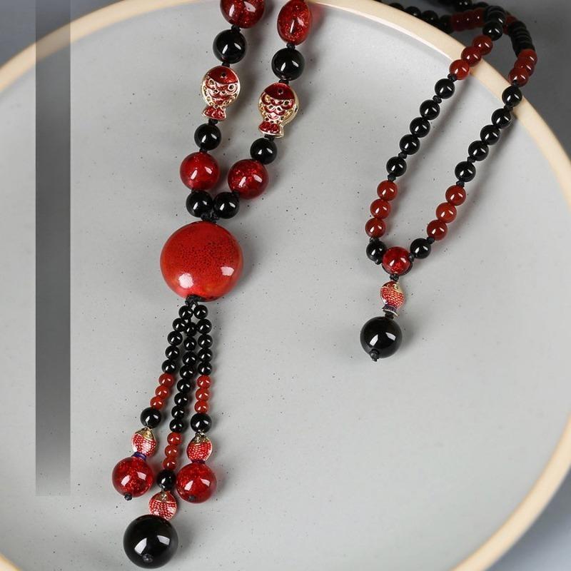 GEMCHIC Collana a Maglia Stile Etnico da Donna con Pendente Lungo a Catena con Perle di Agata Pesce Rosso Gioielli Vintage Cinesi