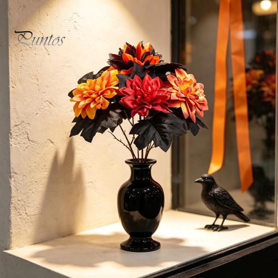Fall Floral Arrangement Halloween Artificial Flower, Faux Sunflower Rose Bouquet with Black Harvest Party Decoration Maple Leaves, Autumn Fake