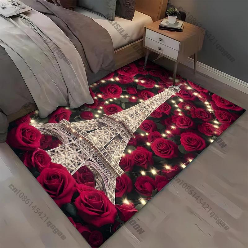 Roses and Eiffel Tower Pattern Rug for Bedroom Living Room Carpets for Girls Room Floor Mat Home Decor Non-Slip Rug Large Size