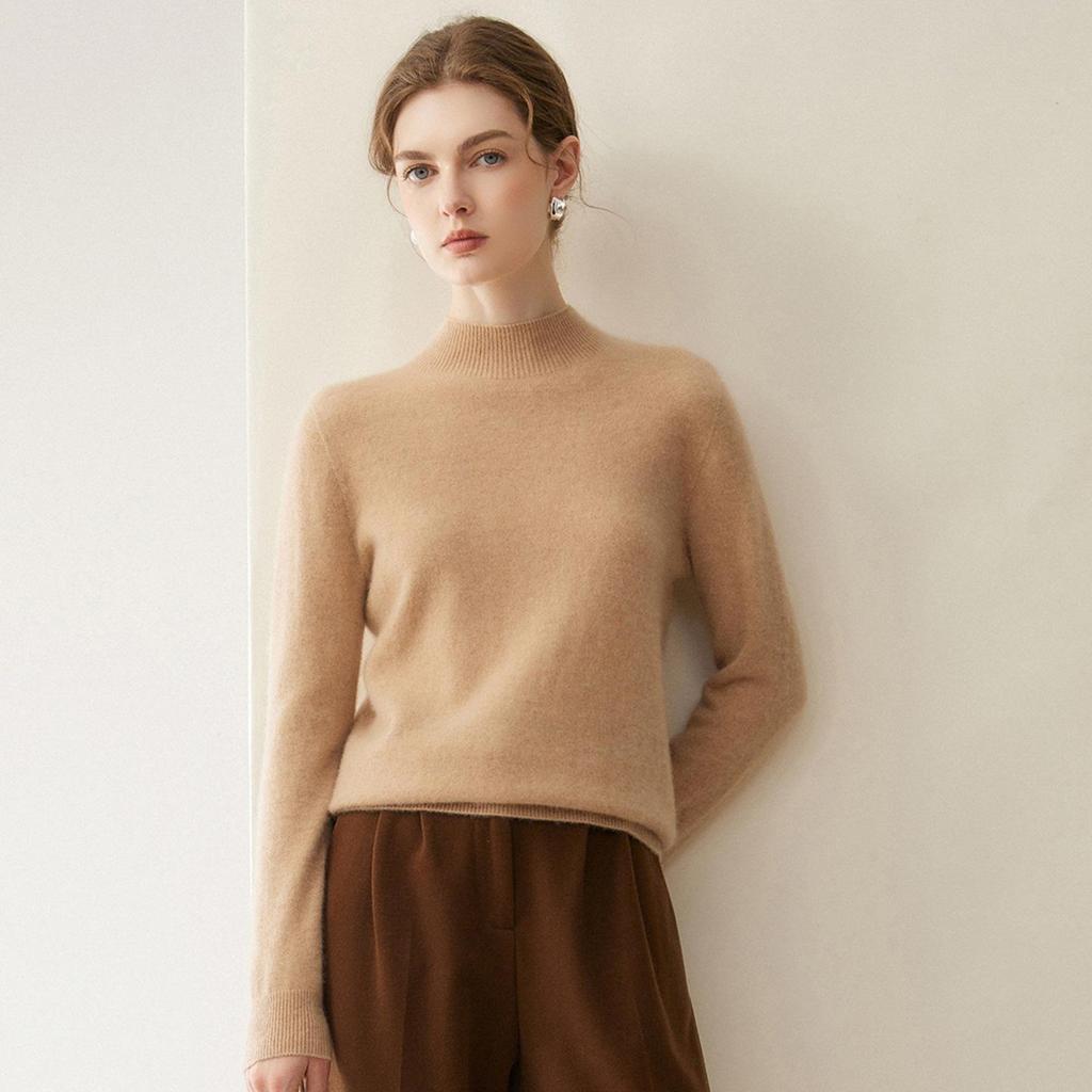 Women's Pure Cashmere Pullover - Half-High Collar, Loose Fit, Warm Autumn/Winter Knit Sweater.