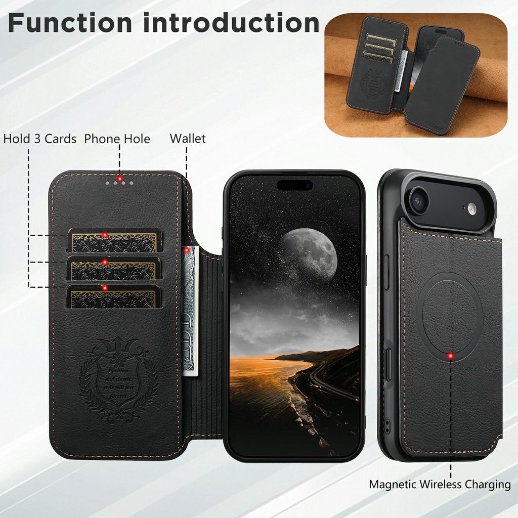 SUTENI J06 Für iPhone 17 Air Hülle Leder mit Litschi-Textur Brieftasche Handyhülle Kompatibel mit MagSafe
