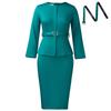 Women's Round Neck Long Sleeve Midi Dress Bodycon High Waist Elegant Peplum Office Pencil Dress With Heart Belt