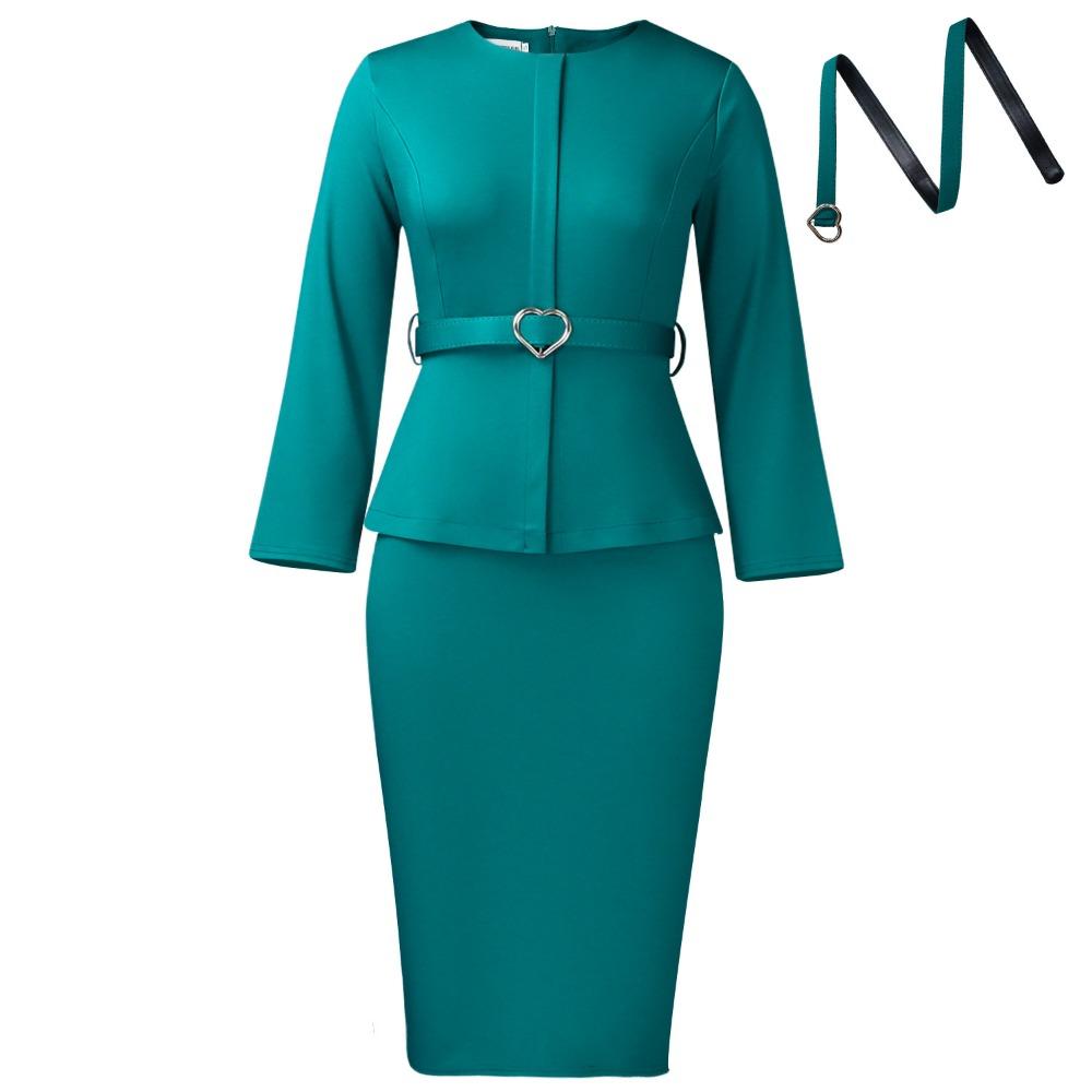 Women's Round Neck Long Sleeve Midi Dress Bodycon High Waist Elegant Peplum Office Pencil Dress With Heart Belt