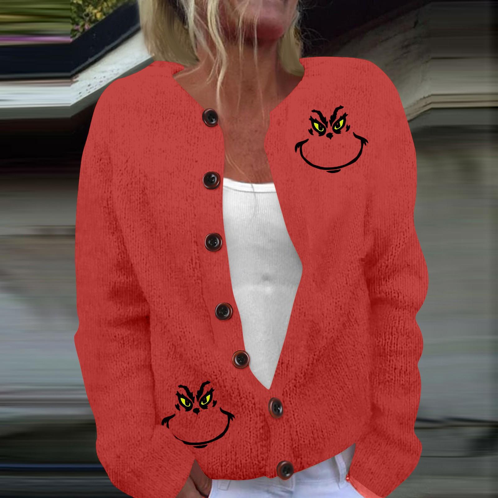 

Женская мода рождественский принт длинный рукав вязаный кардиган пуховик M красный