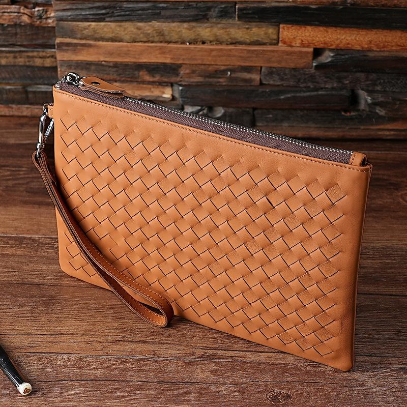 

Мужской плетеный кожаный клатч, деловая мужская и женская сумка на запястье, кошелек-клатч большой вместимости коричневый