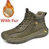 Daily Wear Men Winter Warm Boots Lace-Up Leather High Top Shoes Anti-Slip Hiking Motorcycle Boots Versatile Man Treking Footwear