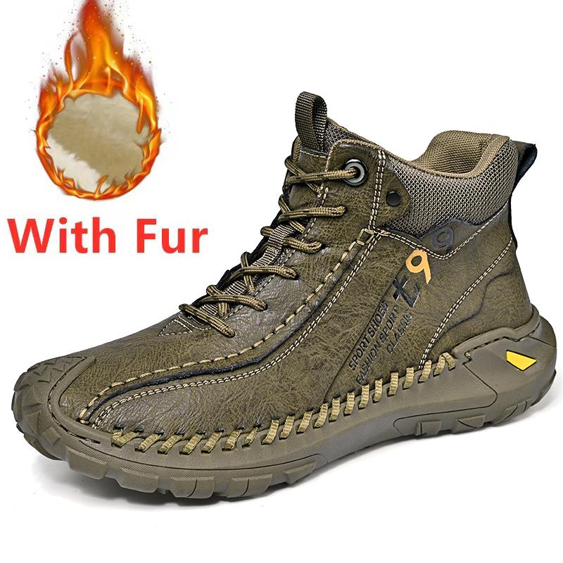 Daily Wear Men Winter Warm Boots Lace-Up Leather High Top Shoes Anti-Slip Hiking Motorcycle Boots Versatile Man Treking Footwear