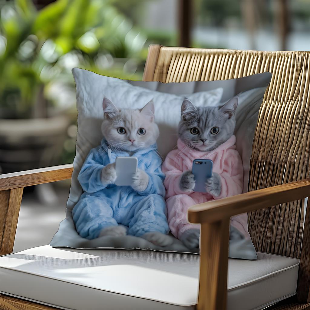 Cute Cat Printed Pillow Cover Two Cat Playing with Mobile Phone Pattern Warm Home Sofa Car Cushion Cover Decor Gifts1PC