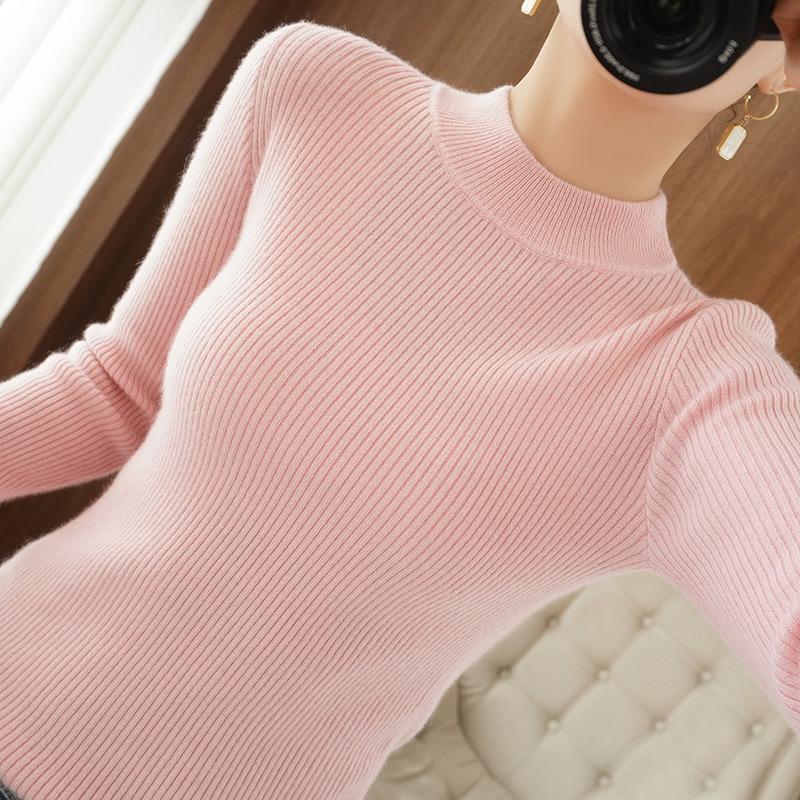 2026 Autumn Winter Women's Slim Fit Ribbed Knit Half-High Collar Sweater