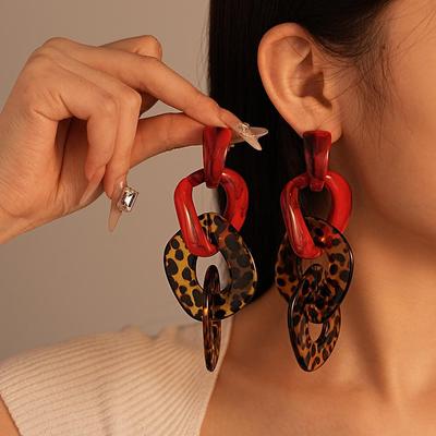 Exaggerated Geometric Leopard Print Earrings - Unique Acrylic Color Block with Silver Needle Design for Women