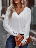 Einfarbiges, lockeres Langarm-T-Shirt mit V-Ausschnitt und Button-Down-Oberteil