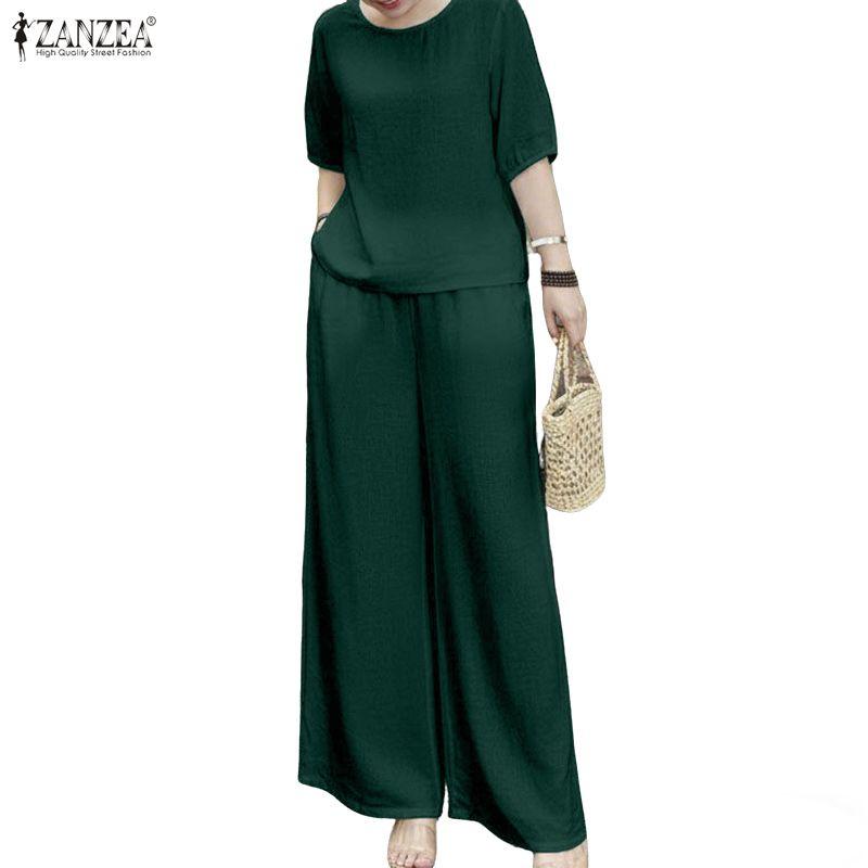 ZANZEA Kadın Kısa Kollu Bluz ve Pantolon Günlük İki Parça Takım Setleri