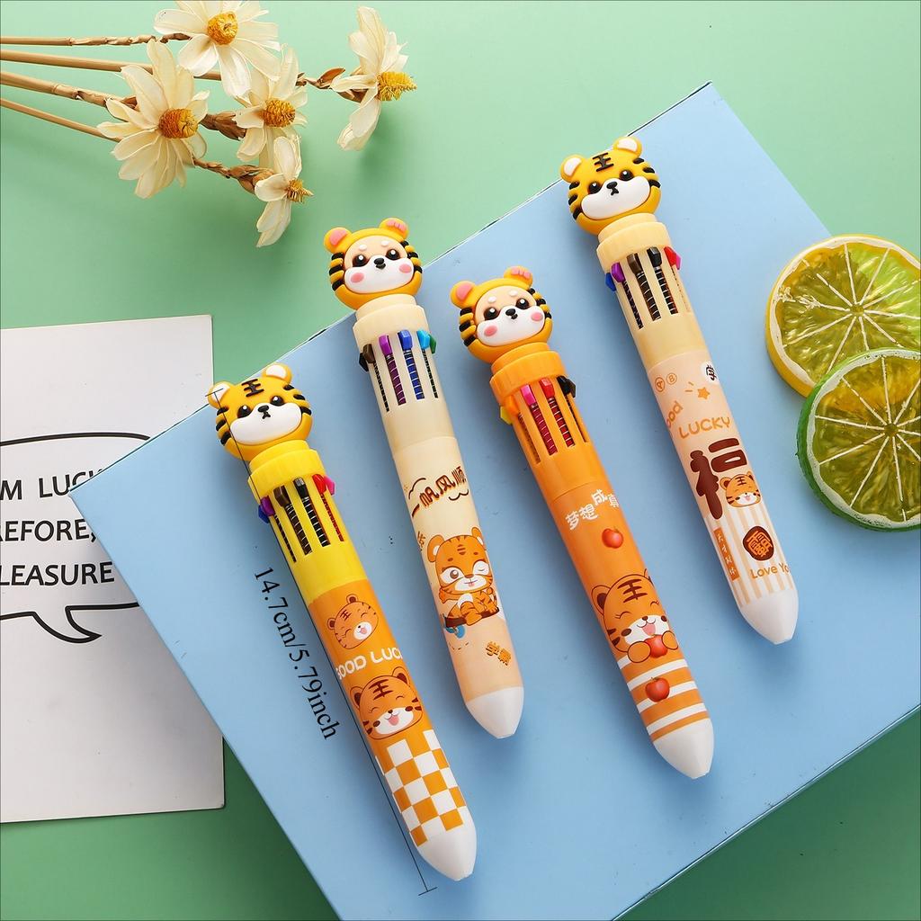1Pcs Little Tiger Ten Color Ballpoint Pen Fluent Writing Suitable for Office Work, Brushing Questions, Signing Writing, Diaries, Notes, Student Class