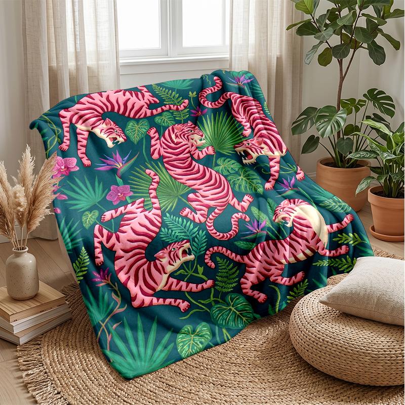 Pink Tigers in Jungle Theme blanket Lightweight Warm Flannel Blanket Decorative Throw Blanket for Home Decoration