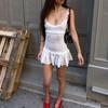 White Ruffles Ruched Square Collar Slimming Holiday Dress Female Autumn Fungus Edge Fashion Sexy Miniskirt 2025