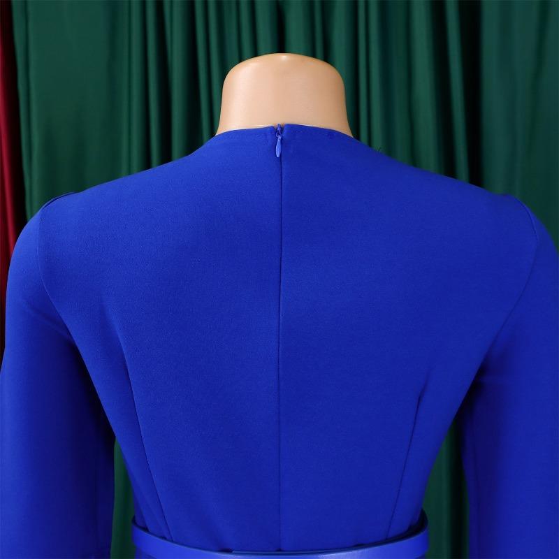 Women Solid Color V Neck Pleated High Waist A Line Mid Length Dress With Belt