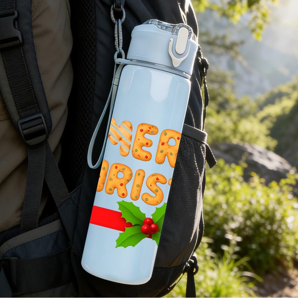 1PC Merry Christmas Banner Text Pattern 750ml Color Plastic Sports Water Bottle Leakproof Flip Straw Lid Suitable for Sports Office Home Use