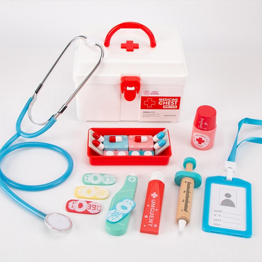 Wooden medicine box, doctor medical kit, baby parent-child interactive role-playing, nurse, children's auscultation toy