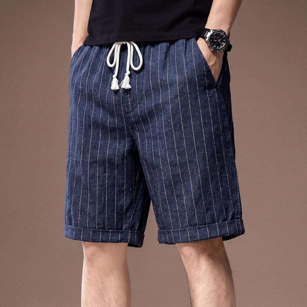 Hochwertige amerikanische Leinen atmungsaktive gestreifte lockere lässige Shorts Herren Sommer dünne Baumwolle und Leinen hautfreundlich trendige Fünf-Punkt-Hosen