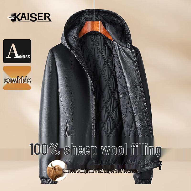 Caesar Men s Hooded First-Layer Cowhide Leather Jacket with Wool Padding L