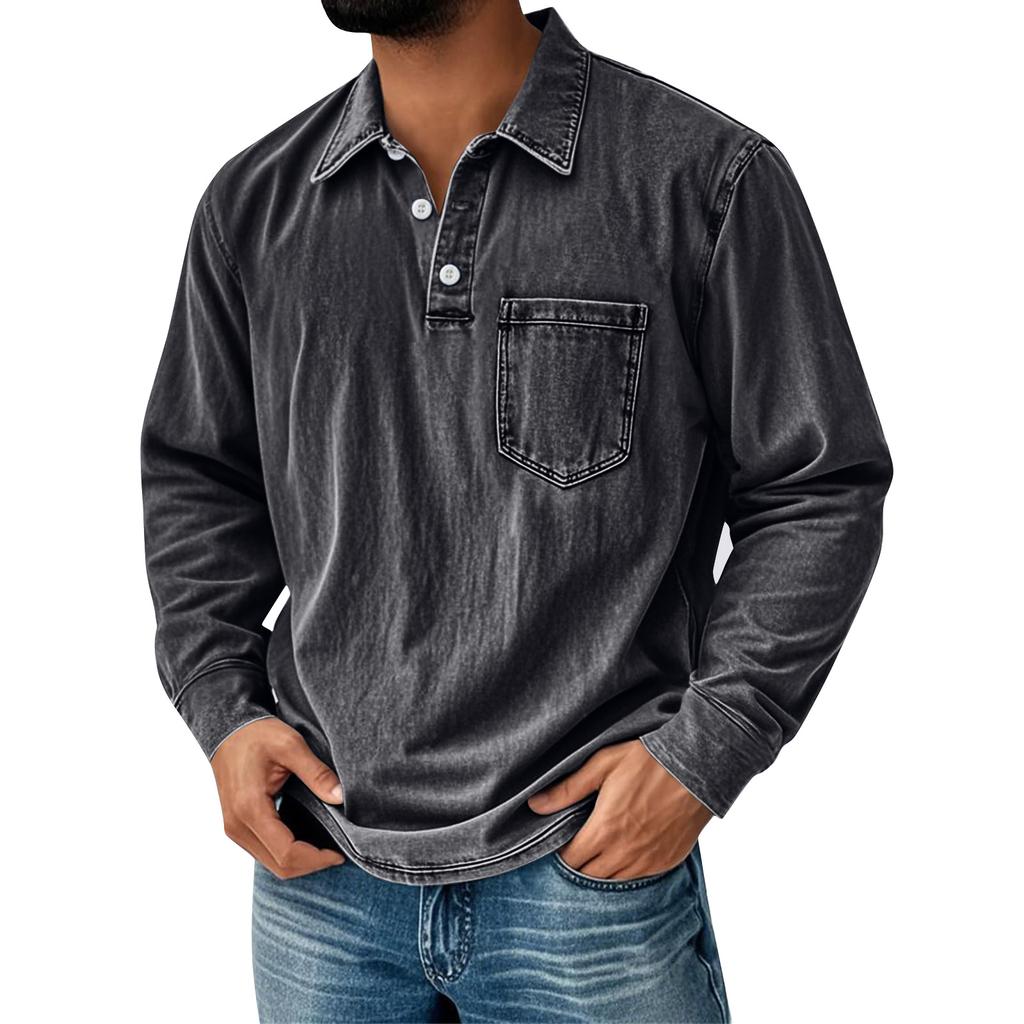 Men's Solid Color Washed Sports Button Pocket Lapel Collar Long Sleeve Top
