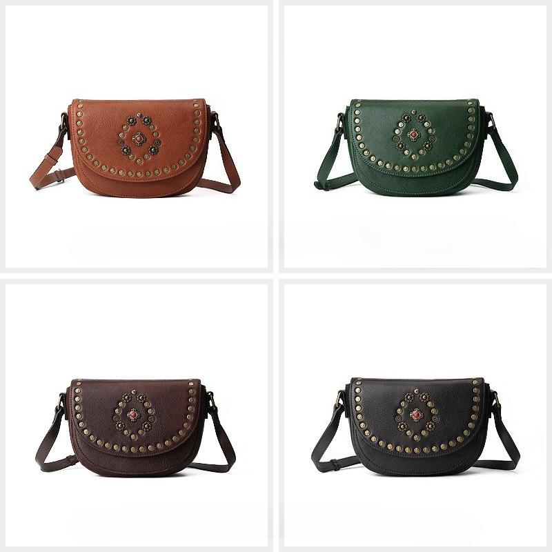 Genuine Leather Saddle Bag, Retro Riveted Handcrafted Gemstone Crossbody Bag, Single-shoulder Women's Bag