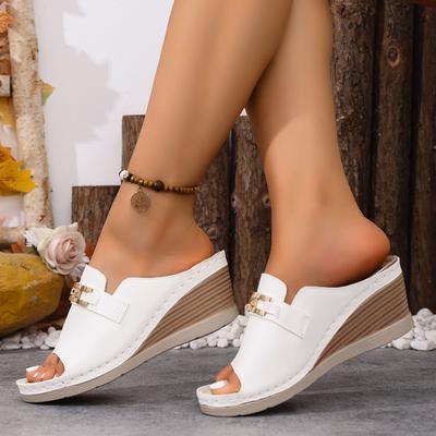 Sandali Estivi da Donna Open Toe con Cinturino Metallico Tacco Zeppa alla Moda e Casual Colore Unito Suola Spessa Sandali in Pelle