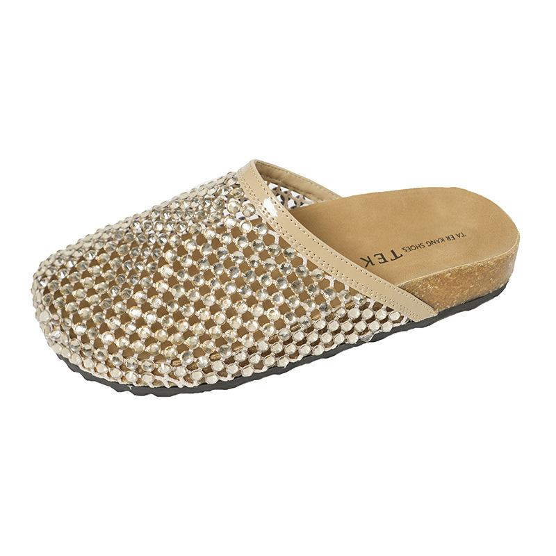 

2025 new fashionable thick-bottomed mesh rhinestone bag head drag women wear flat-bottomed lazy people with one foot on beach cool slippers 35 шампанского