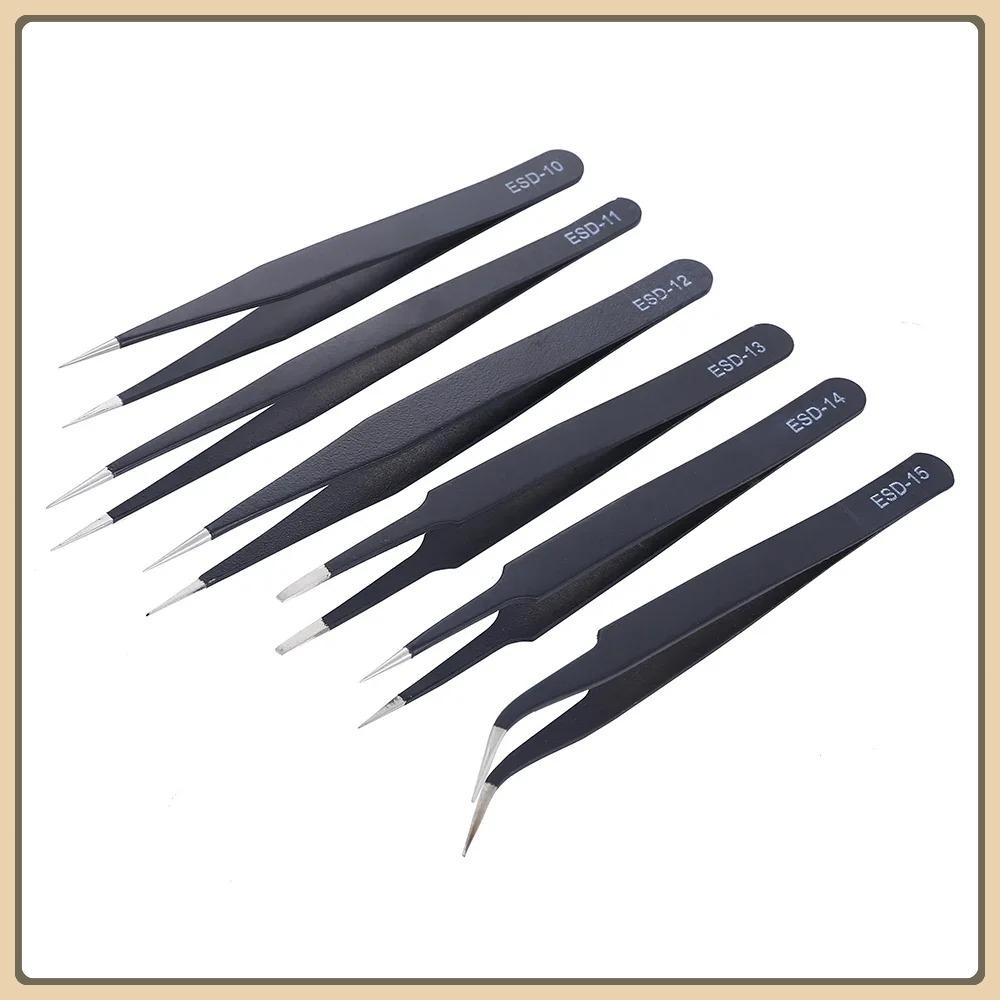 6Pcs Anti-static ESD Stainless Steel Tweezers Maintenance Tool Industrial Precision Curved Straight Tweezers Repair Tools Set