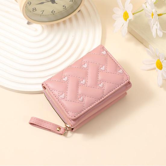 Women Stylish Tri-Fold Wallet Embroidered Heart Cash Wallet Mini Card Holder Wallet with Zippered Coin Pocket for Dating Shopping