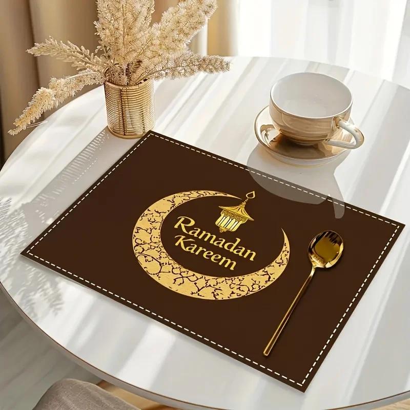 4/6pcs Ramadan Linen Placemats - Lantern & Moon Woven Table Mats for Kitchen, Dining & Celebration Decor, Hand Wash