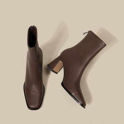 Ruodan Brown High-Heeled Short Boots Women'S Autumn And Winter French Small Ankle Boots Square Head Thick Heel Thin Boots