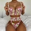 Women's Sexy  Lace Flower Embroidery Underwear Sexy Three-piece Suit With Steel Ring