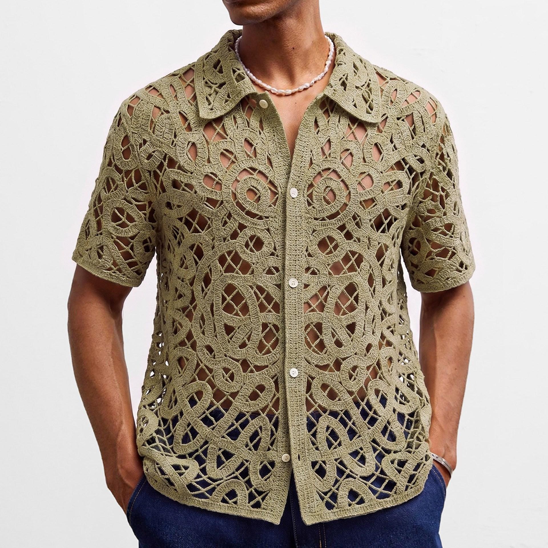 

Casual Button Down Shirt for Men Vintage Knitted Golf Beach Collared Shirts Tops Crochet Hollow Out Summer Vacation Top Men s Knit Short Sleeve Shirt 3XL