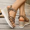 Fashion 2025 Leopard Print Wedge Heel Sandals Women Fashion Crystal Flowers Thick Bottom Sandalias Mujer High Heeled Platform Sandals 43
