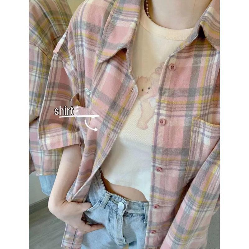 Women's Summer Pink Plaid Polo Collar Short Sleeve Shirt Jacket - Japanese Retro Style