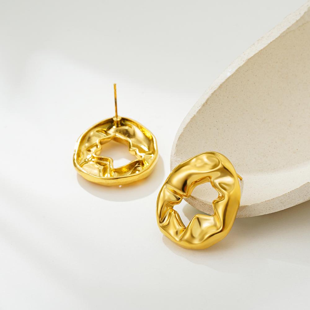 Simple Round Hollow Stud Earrings for Women Fashion Gold Plated Irregular Fold Texture Geometric Earring Trendy Jeweley Gift