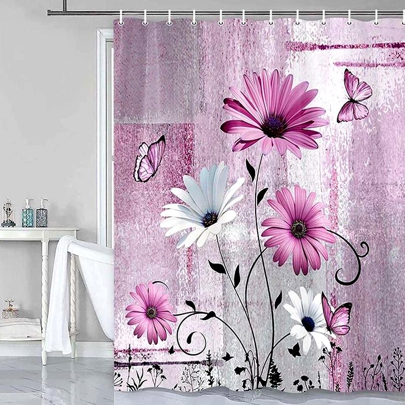 1Pc Bathroom Set DIY Polyester Waterproof 200x180CM Thickening Shower Curtain With Hooks Daisy Flower